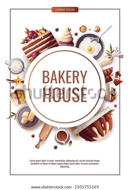 Flyer design for baking, bakery\
shop, cooking, sweet products, dessert, pastry. A4 Vector\
illustration for poster, banner, card, flyer, cover, menu,\
advertising.