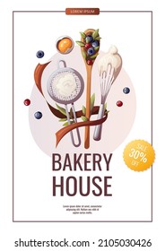 Flyer design with baking utensils and lettering. Baking, bakery shop, cooking, sweet products, dessert, pastry concept. A4 vector illustration for poster, banner, flyer, menu, advertising.