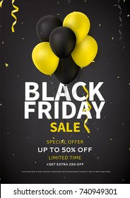Flyer Design For Black Friday Sale. Dark Background With Yellow And Black Balloons For Seasonal Discount Offer. Promo Vector Illustration With Confetti And Serpentine.
