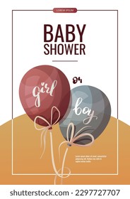 Flyer design with blue and pink balloons with words "boy" and "girl" on it. Gender party, Baby waiting, pregnancy concept. A4 vector illustration for poster, banner, flyer, advertising.