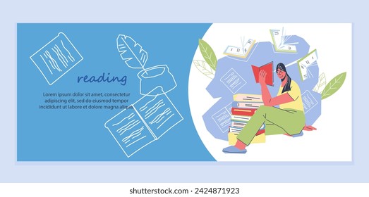 Flyer design for book store or fair. Vector banner template designed to promote book fair, literature event and attract book lovers, flat illustration.