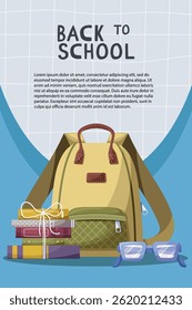 Flyer design with books, glasses and backpack. Cartoon vector illustration. Welcome back to school