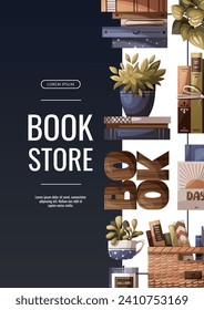 Flyer design with books, potted plants and wooden word "book". Bookstore, bookshop, book lover, reading, interior concept. Vector illustration for advertising, banner, promo.