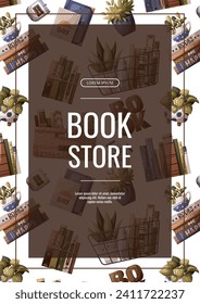 Flyer design with books, potted plants and wooden word "book". Bookstore, bookshop, book lover, reading, interior concept. Vector illustration for advertising, banner, promo.