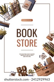 Flyer design with books, potted plants and wooden word "book". Bookstore, bookshop, book lover, reading, interior concept. Vector illustration for advertising, banner, promo.