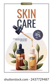 Flyer design with bottles of serum. Beauty, skin care, cosmetics concept. Vector illustration for banner, promo, sale, poster.
