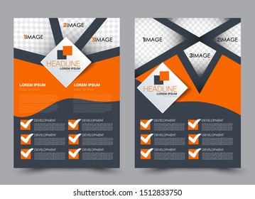 Flyer design. Business brochure template. Annual report cover. Booklet for education, advertisement, presentation, magazine page, travel, technology or real estate ad mockup. Orange and grey color