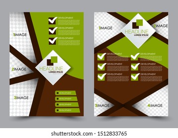 Flyer design. Business brochure template. Annual report cover. Booklet for education, advertisement, presentation, magazine page, travel, technology or real estate ad mockup. Green and brown color