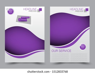 Flyer design. Business brochure template. Annual report cover. Booklet for education, advertisement, presentation, magazine page, travel, technology or real estate ad mockup. Purple color