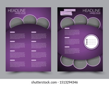 Flyer design. Business brochure template. Annual report cover. Booklet for education, advertisement, presentation, magazine page, travel, technology or real estate ad mockup. Purple color