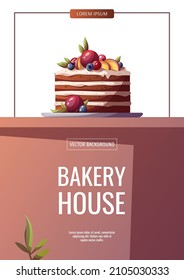 Flyer Design With Cake For Baking, Bakery Shop, Cooking, Sweet Products, Dessert, Pastry. A4 Vector Illustration For Poster, Banner, Cover, Flyer, Menu, Sale, Advertising.