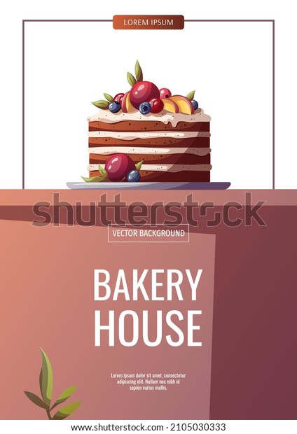 Flyer design with cake\
for baking, bakery shop, cooking, sweet products, dessert, pastry.\
A4 Vector illustration for poster, banner, cover, flyer, menu,\
sale, advertising.