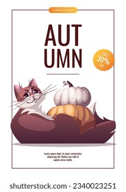 Flyer design with cat and pumpkins. Pet, kitty, domestic life, animal concept. A4 Vector illustration for poster, banner, advertising, sale.