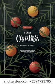 Flyer design with Christmas tree and balls. Handwritten lettering. Vector illustration for poster, banner, card, postcard, cover.