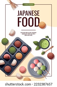 Flyer design with colorful Sweet Mochi, dango, matcha tea. Japanese food, healthy eating, cooking, menu, sweet food, dessert concept. Vector illustration. Banner, promo, advertising. 