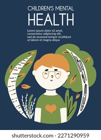 Flyer design with the concept of children's mental health. The child is happy in nature. Vector illustration, template