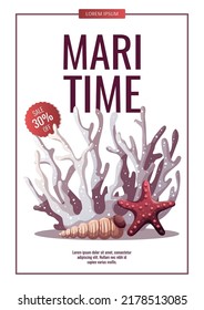 Flyer design with Coral, starfish and seashell. Maritime, sea coast, marine life, nautical concept. Vector illustration. Website, banner template.