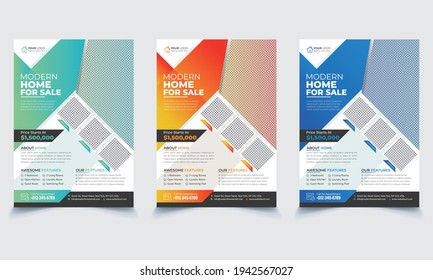 Flyer design, Corporate real estate flyer template design set with green, orange and blue color. marketing, business proposal, promotion, advertise, cover page, flyer in A4