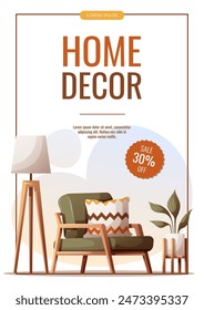 Flyer design with cozy armchair, potted plant, tripod floor lamp. Interior design, furniture, living room, home decor concept. Vector illustration for banner, advertising, promo.