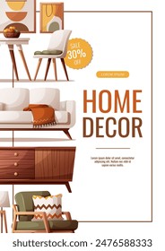 Flyer design with cozy sofa, armchair, dining table, chest drawers, interior decor. Vector illustration for banner, promo, advertising.