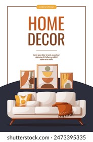 Flyer design with cozy white couch and abstract paintings. Interior design, home decor, furniture, living room concept. Vector illustration for banner, advertising, promo.