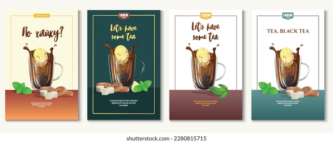 Flyer design with a cup of lemon and mint, sugar, bagels, drying. Tea shop, break, cafe ba, tea lover, tea drinking, drinks concept. A4 size vector illustration for poster, banner, flyer, cover