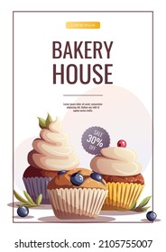 Flyer Design With Cupcakes And Muffins For Baking, Bakery Shop, Cooking, Sweet Products, Dessert, Pastry. A4 Vector Illustration For Poster, Banner, Cover, Flyer, Menu, Sale, Advertising.