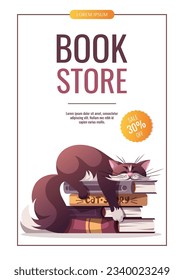 Flyer design with cute cat lying in the books. Pet, kitty, domestic life, animal concept. A4 Vector illustration for poster, banner, advertising, sale.