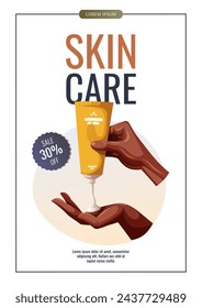 Flyer design with dark skin hands with tube of cream. Beauty, skin care, body care, cosmetic concept. Vector illustration for promo, sale, poster, banner.