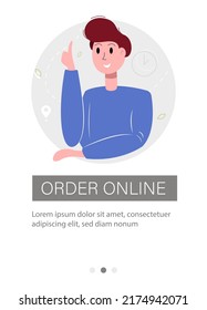 Flyer design for delivery service. Happy man shopping in an online store. Vector illustration.