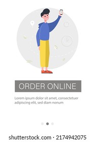 Flyer design for delivery service. Happy man shopping in an online store. Vector illustration.