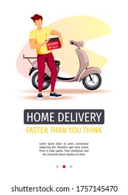 Flugdesign für die Zustellung, Online-Orderverfolgung, Scooter Kurierdienst. Lieferant mit Box und Scooter. A4 Vektorgrafik.