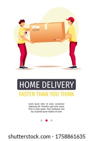 Flyer design for Delivery services, Online order, Deliveryman, Cargo transportation. Delivery men carrying a big box. A4 vector illustration for poster, banner, advertising.