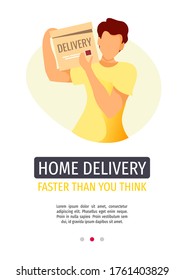 Flugdesign für die Zustellung, Online-Bestellung, Zustellung, Hauslieferung. Mann, der eine Paketschachtel hält. A4 Vektorgrafik für Poster, Banner, Werbung.