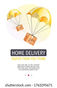 Flyer design for Delivery services, Online order, Cargo transportation. Parcel boxes flying on parachutes. A4 vector illustration for poster, banner, advertising.