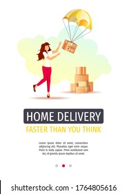 Flyer design for Delivery services, Online order, Cargo transportation. Parcel boxes flying on parachutes and woman. A4 vector illustration for poster, banner, advertising, website.