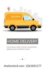 Flyer design for delivery. The yellow van delivers orders to the house.