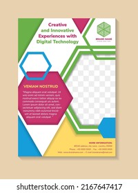 Flyer Design For Digital Technology Campaign, Business Brochure Template, Creative Leaflet, Trend Cover Hexagon. Colorful Elements Design. Layout Space For Photo Collage And Text.