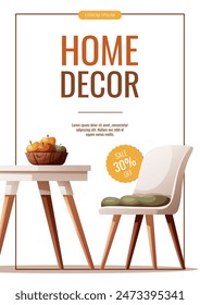 Flyer design with dining table and chairs. Home interior, furniture, dining room, kitchen, cafe concept. Vector illustration for banner, advertising, promo.