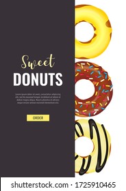 Flyer Design For Donut Shop, Sweet Products, Bakery, Confectionery, Dessert. Donuts With Various Toppings. A4 Vector Illustration For Poster, Banner, Flyer, Commercial, Menu. 