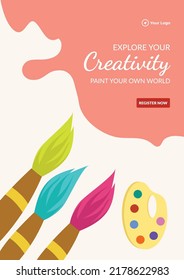 Flyer design of explore your creativity paint your own world template. 