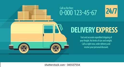 Flyer design for freight delivery transport with minibus. vector illustration. Transparent objects used for lights and shadows drawing.