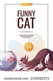 Flyer design with funny cat and aquarium fish. Pet, kitty, domestic life, animal, veterinary concept. A4 Vector illustration for banner, advertising, promo, sale.