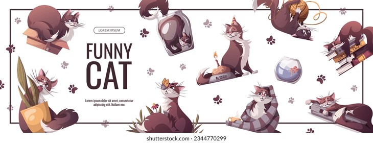 Flyer design with funny cats. Pet, kitty, kitten, animal, domestic life, veterinary concept. Vector illustration for poster, banner, advertising, sale.