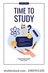 Flyer design with Hand with speech bubble and educational icons. Flat style vector illustration for banner, promo, advertising. Education, knowledge, studying concept.