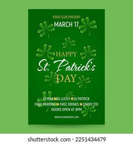 Flyer design for Happy St. Patrick's Day celebration. Template for poster, greeting card, banner, party invitation. Green shamrock, promotional text. Green background. Vector illustration.