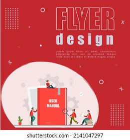 Flyer design with happy tiny people standing near user manual book, guide instruction or textbooks with magnifying glass, specifications user guidance document, flat vector illustration
