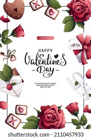 Flyer design for Happy Valentine's Day with Gift box, roses, petals, lock and key, love letter. Romance, Love concept. A4vector illustrations for poster, banner, advertising, invitation, flyer, cover.