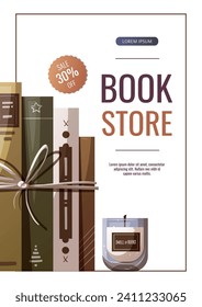 Flyer design with heap of books and candle. Bookstore, bookshop, book lover, reading, interior, library concept. Vector illustration for advertising, banner, promo.