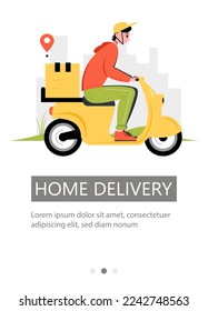 Flyer design for home delivery. Male courier rides a scooter to an address. Vector illustration.